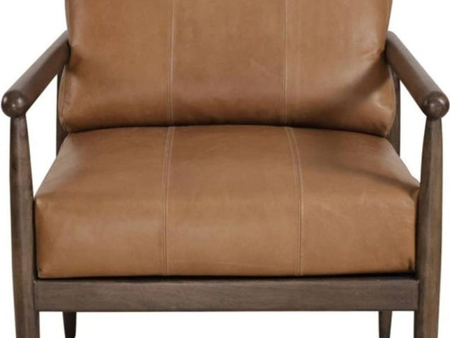 28" Brown Genuine Leather and Solid Wood Arm Chair