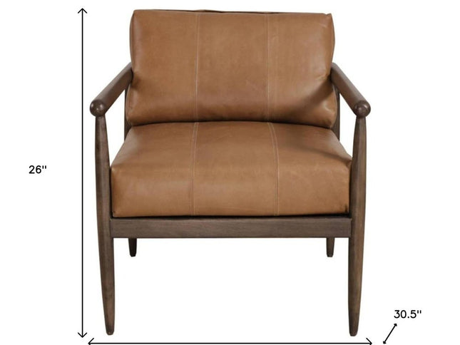 28" Brown Genuine Leather and Solid Wood Arm Chair