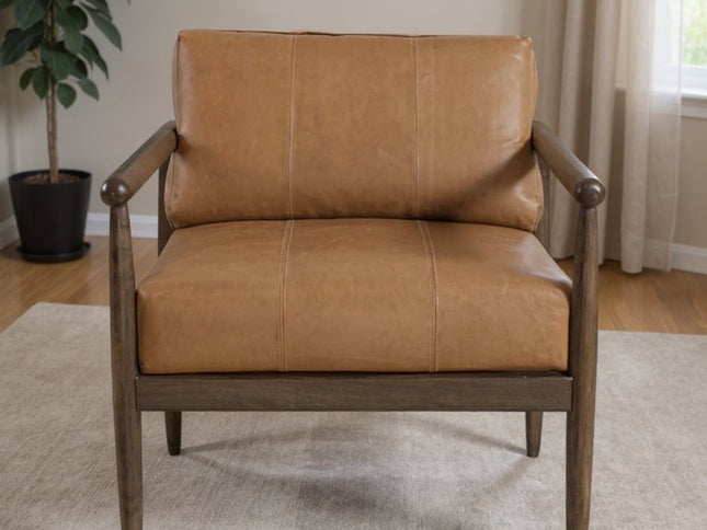28" Brown Genuine Leather and Solid Wood Arm Chair