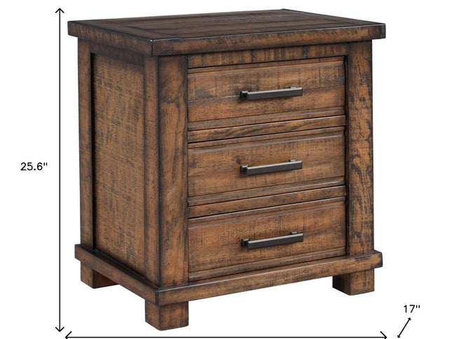 Set of Two 26" Walnut Solid Wood Distressed Three Drawer Nightstand