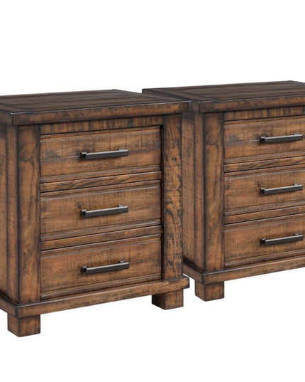 Set of Two 26" Walnut Solid Wood Distressed Three Drawer Nightstand