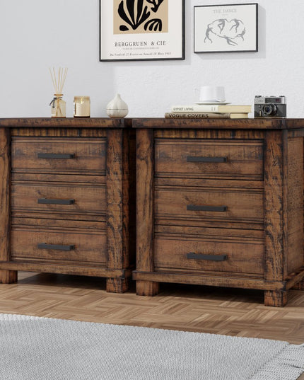 Set of Two 26" Walnut Solid Wood Distressed Three Drawer Nightstand