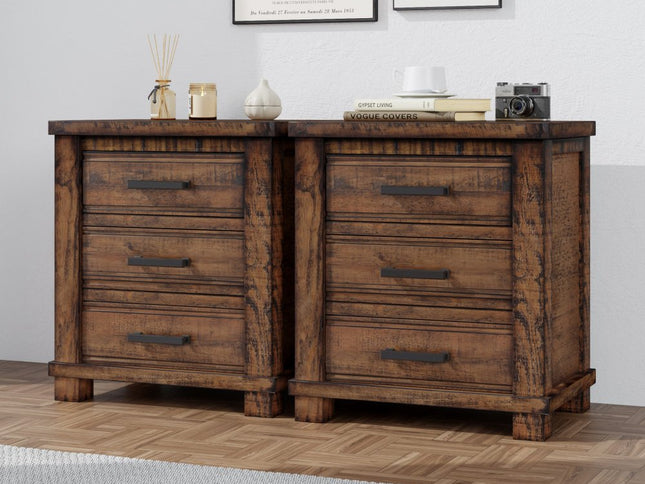 Set of Two 26" Walnut Solid Wood Distressed Three Drawer Nightstand