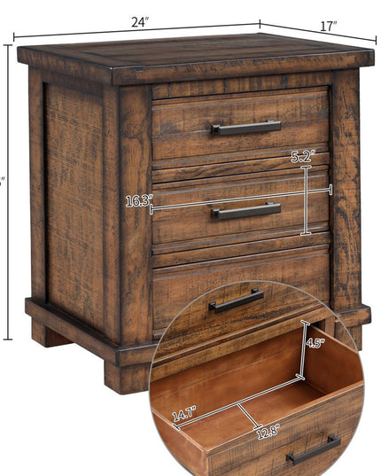 Set of Two 26" Walnut Solid Wood Distressed Three Drawer Nightstand