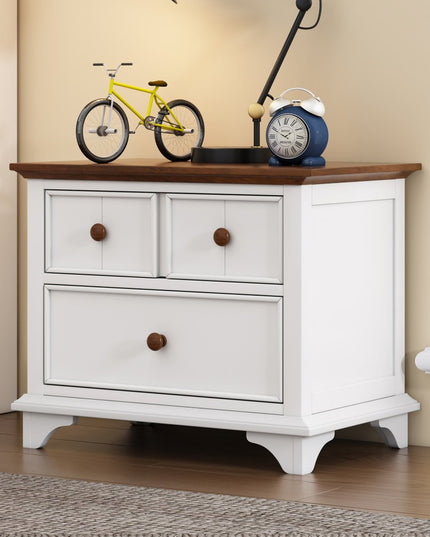 28" White And Walnut Brown Wood Two Drawer Nightstand