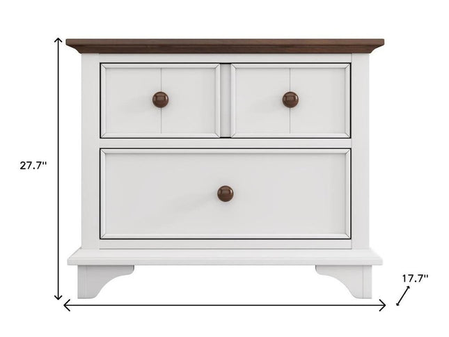 28" White And Walnut Brown Wood Two Drawer Nightstand