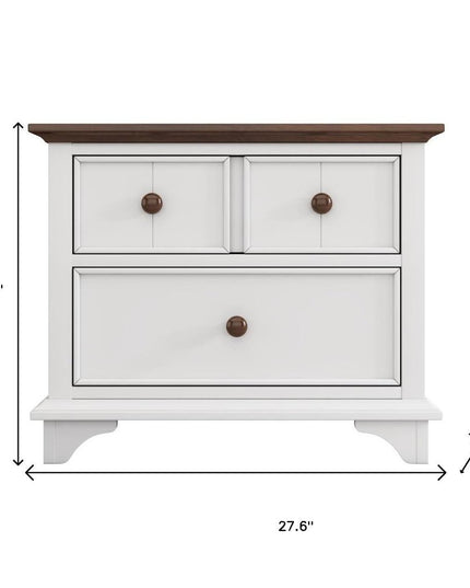 28" White And Walnut Brown Wood Two Drawer Nightstand