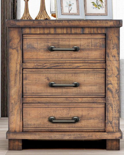 26" Walnut Wood Distressed Three Drawer Nightstand