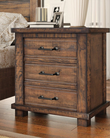26" Walnut Wood Distressed Three Drawer Nightstand