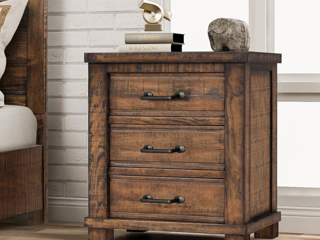 26" Walnut Wood Distressed Three Drawer Nightstand