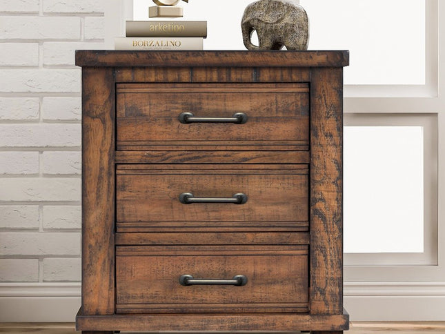 26" Walnut Wood Distressed Three Drawer Nightstand