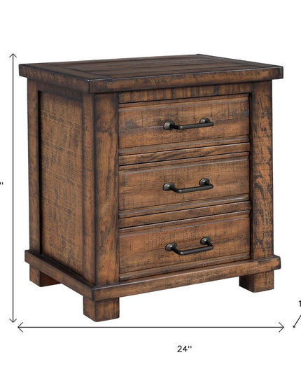 26" Walnut Wood Distressed Three Drawer Nightstand