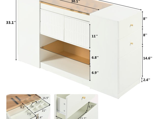 33" White Wood And Glass Six Drawer Island Vanity Dresser