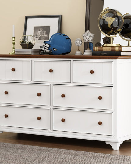 61" White And Walnut Wood Seven Drawer Captains Dresser