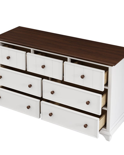61" White And Walnut Wood Seven Drawer Captains Dresser