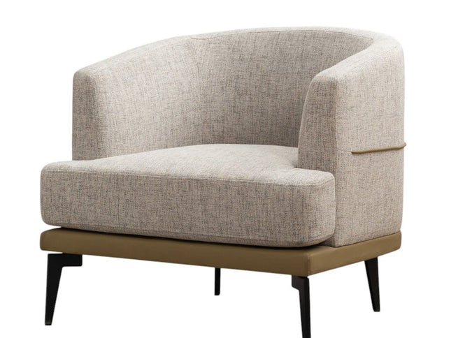 29" Beige Camel and Black Tufted Linen Solid and Manufactured Wood Barrel Chair