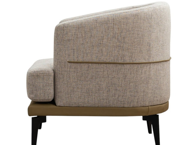 29" Beige Camel and Black Tufted Linen Solid and Manufactured Wood Barrel Chair