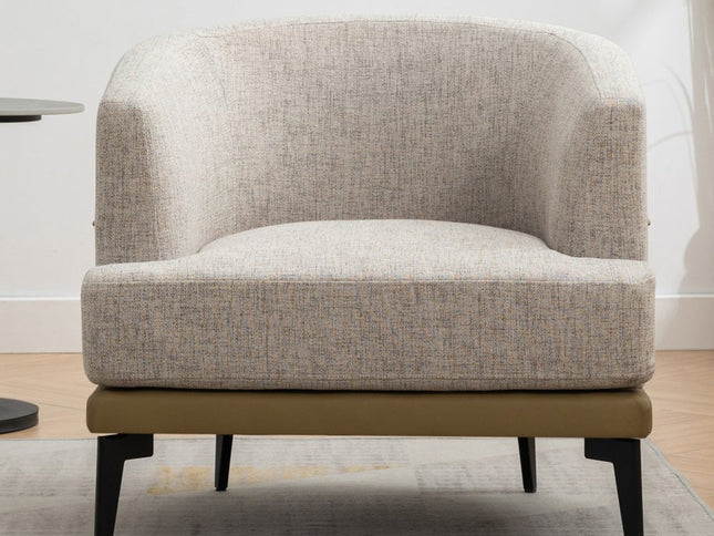 29" Beige Camel and Black Tufted Linen Solid and Manufactured Wood Barrel Chair