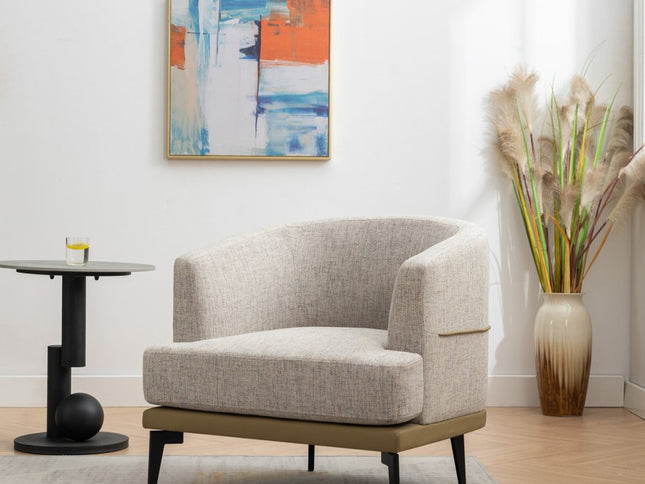 29" Beige Camel and Black Tufted Linen Solid and Manufactured Wood Barrel Chair