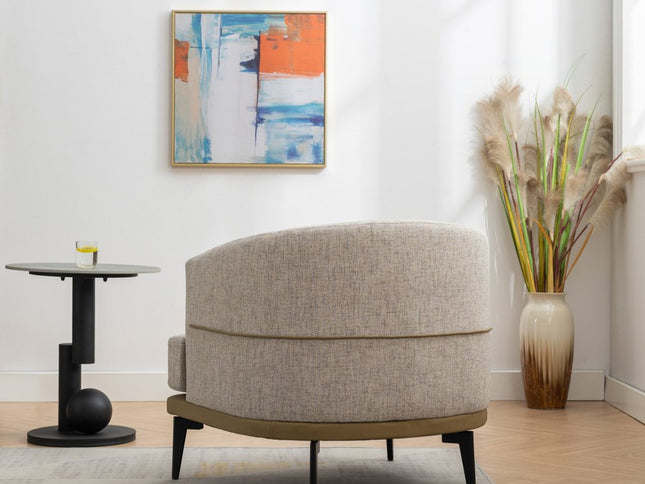 29" Beige Camel and Black Tufted Linen Solid and Manufactured Wood Barrel Chair