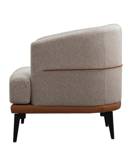 29" Beige Terra Cotta and Black Linen Upholstered Wood Barrel Chair