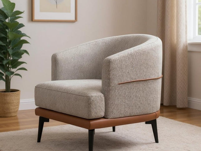 29" Beige Terra Cotta and Black Linen Upholstered Wood Barrel Chair