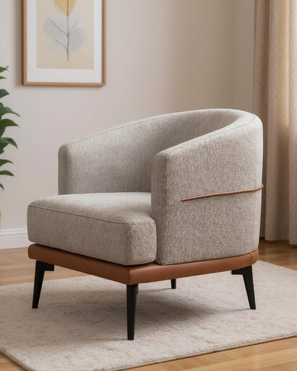 29" Beige Terra Cotta and Black Linen Upholstered Wood Barrel Chair