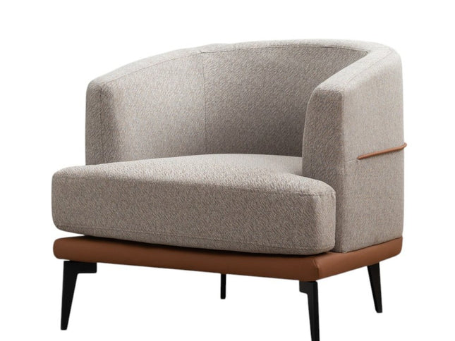 29" Beige Terra Cotta and Black Linen Upholstered Wood Barrel Chair