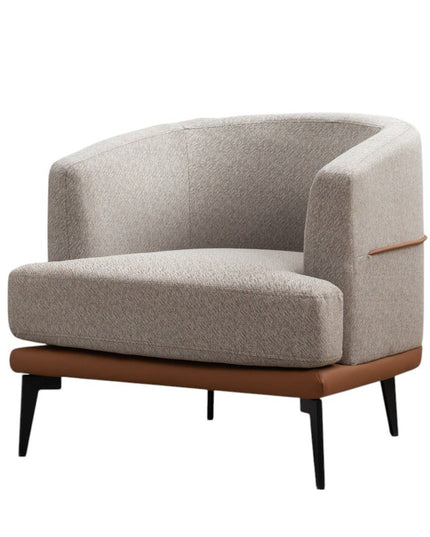 29" Beige Terra Cotta and Black Linen Upholstered Wood Barrel Chair