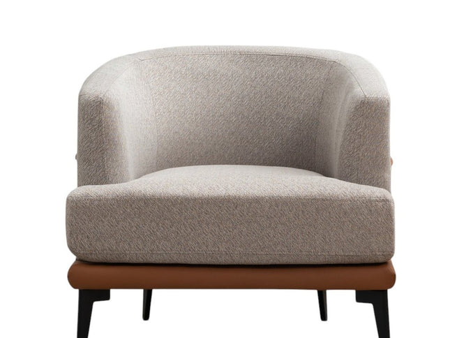 29" Beige Terra Cotta and Black Linen Upholstered Wood Barrel Chair