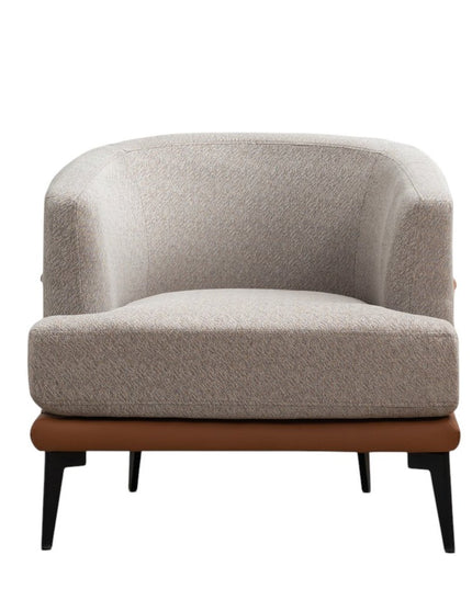 29" Beige Terra Cotta and Black Linen Upholstered Wood Barrel Chair