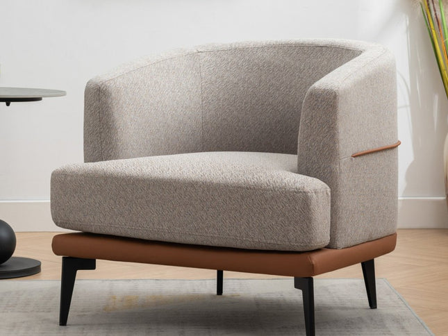 29" Beige Terra Cotta and Black Linen Upholstered Wood Barrel Chair