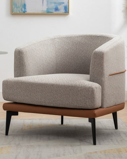 29" Beige Terra Cotta and Black Linen Upholstered Wood Barrel Chair