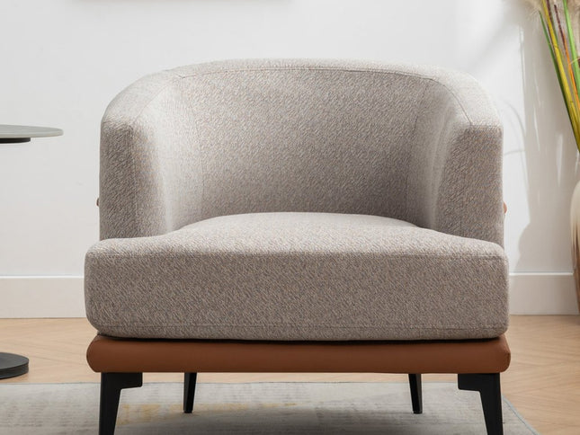 29" Beige Terra Cotta and Black Linen Upholstered Wood Barrel Chair