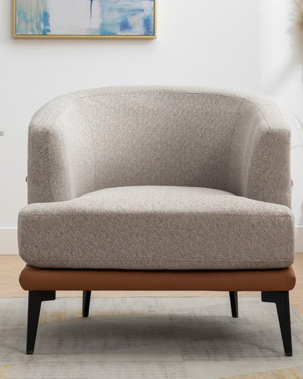 29" Beige Terra Cotta and Black Linen Upholstered Wood Barrel Chair