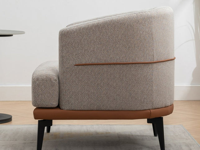 29" Beige Terra Cotta and Black Linen Upholstered Wood Barrel Chair