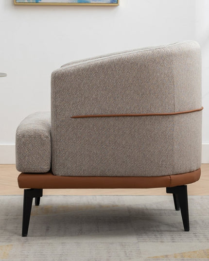 29" Beige Terra Cotta and Black Linen Upholstered Wood Barrel Chair