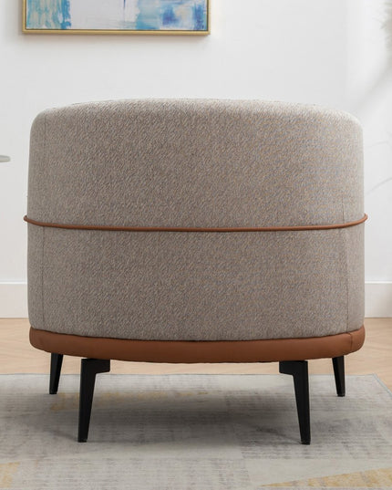 29" Beige Terra Cotta and Black Linen Upholstered Wood Barrel Chair