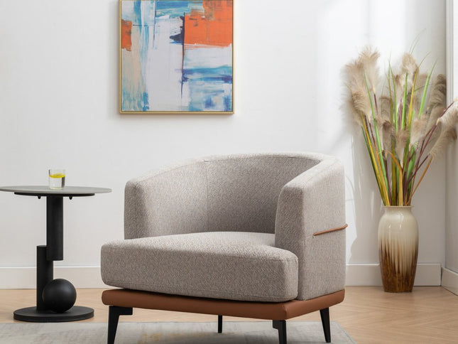 29" Beige Terra Cotta and Black Linen Upholstered Wood Barrel Chair