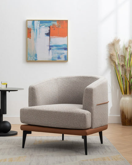 29" Beige Terra Cotta and Black Linen Upholstered Wood Barrel Chair