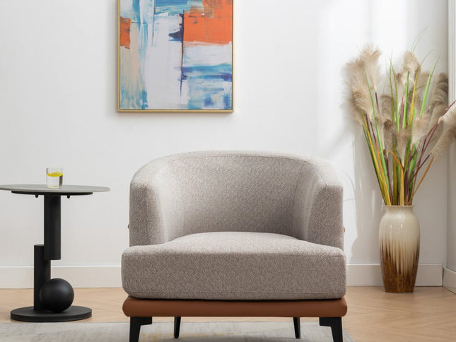 29" Beige Terra Cotta and Black Linen Upholstered Wood Barrel Chair