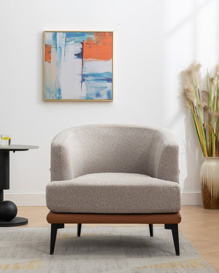 29" Beige Terra Cotta and Black Linen Upholstered Wood Barrel Chair