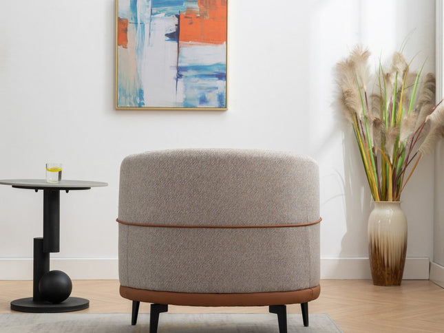 29" Beige Terra Cotta and Black Linen Upholstered Wood Barrel Chair