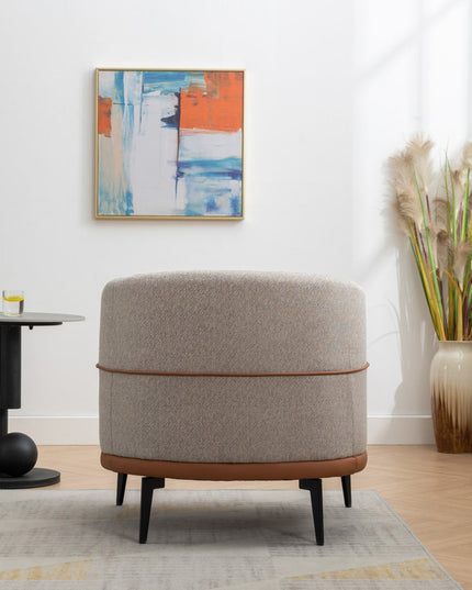 29" Beige Terra Cotta and Black Linen Upholstered Wood Barrel Chair