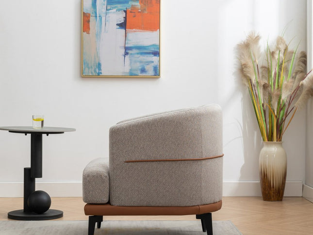 29" Beige Terra Cotta and Black Linen Upholstered Wood Barrel Chair