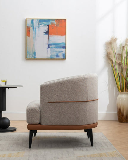 29" Beige Terra Cotta and Black Linen Upholstered Wood Barrel Chair