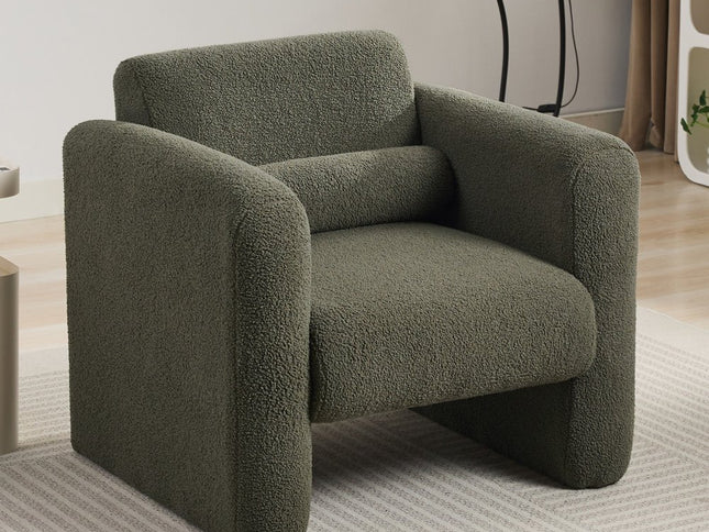 31" Olive Green Boucle Upholstered Arm Chair And Toss Pillow