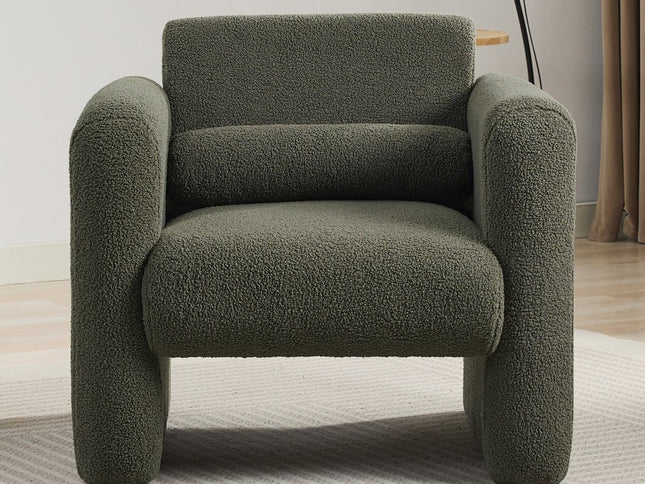 31" Olive Green Boucle Upholstered Arm Chair And Toss Pillow