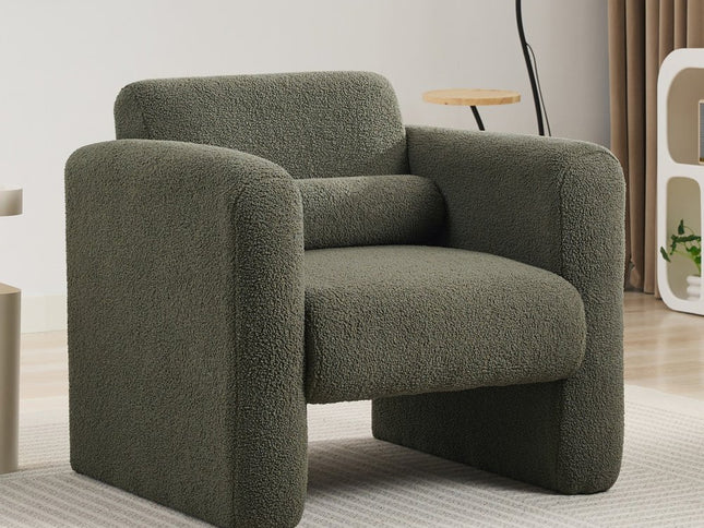31" Olive Green Boucle Upholstered Arm Chair And Toss Pillow