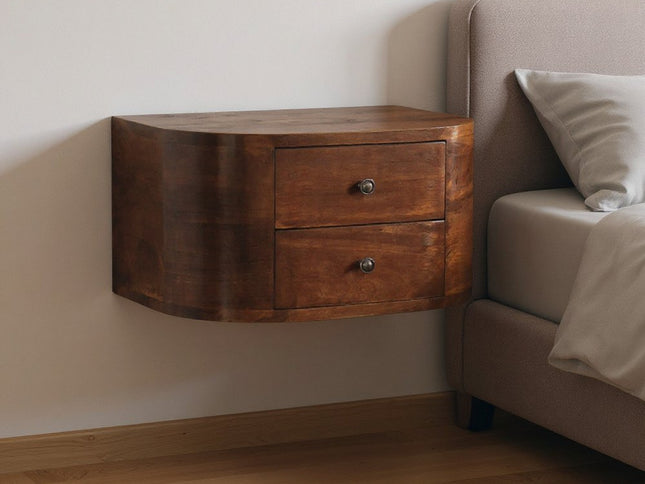 18" Brown Solid Wood Round Two Drawer Floating Nightstand